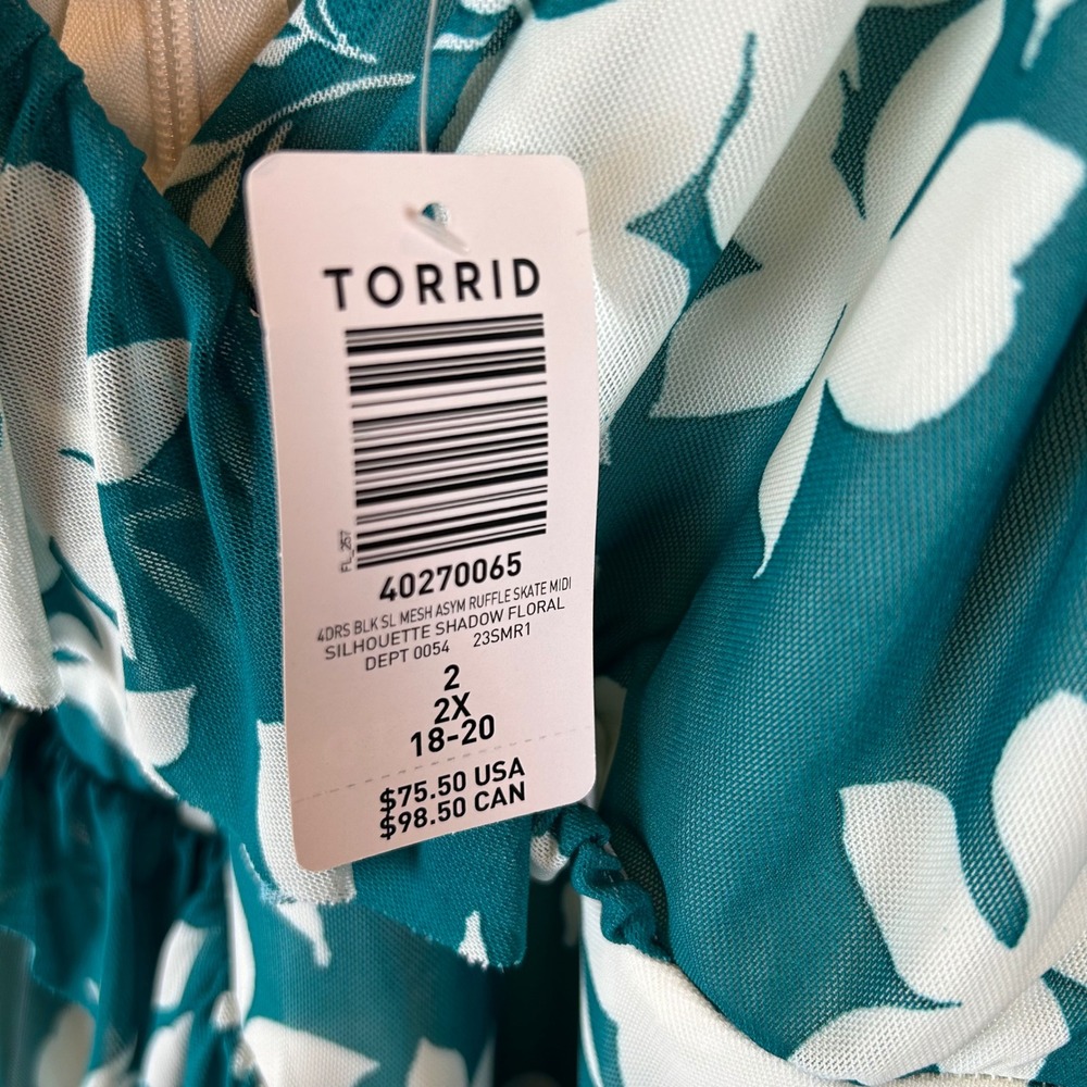 NEW Torrid Teal Shadow Floral Mesh Asymmetrical Ruffle Skater Midi Dress 2X - Picture 6 of 13
